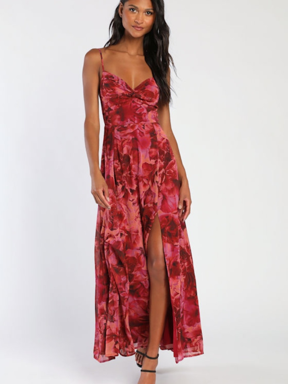 Lulus Beautiful Soul Burgundy Floral Print Twist-front Maxi Dress Red - Size M - Picture 1 of 2